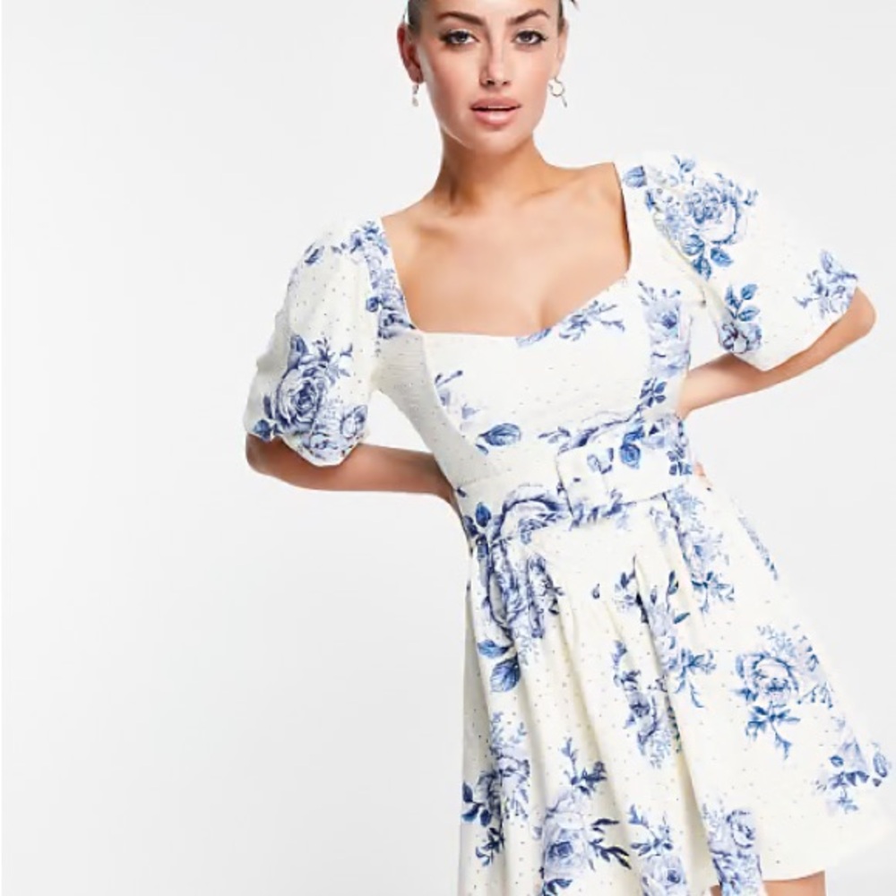 ASOS Blue and White Pleated Puff Sleeve Mini Dress